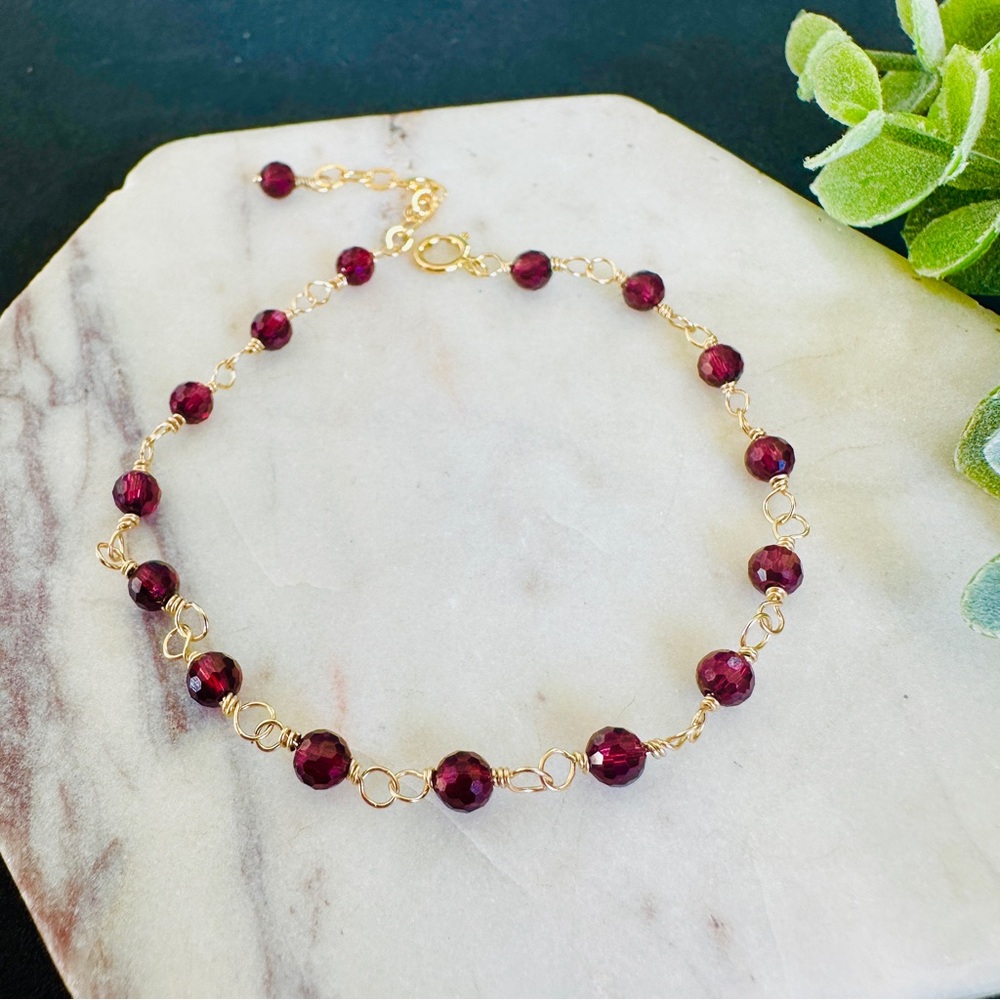 Garnet Bracelet 14k Gold Filled Beaded Rosary chain